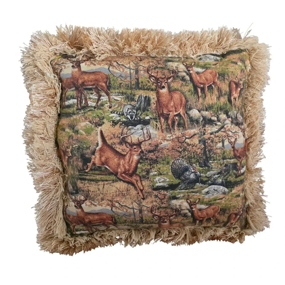 Decorative Throw Pillow‎ Forest Scene Whitetail Deer Turkey Raccoon Fringe